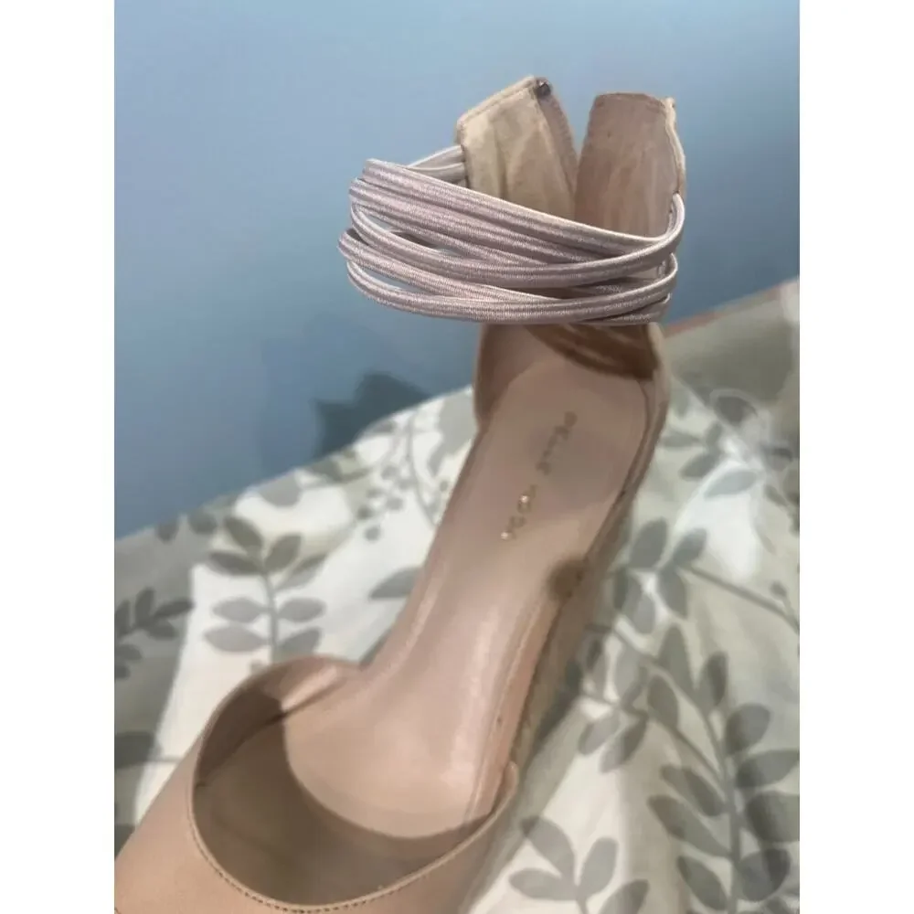 Summer dressy Nude Espadrille Platform Wedge Sandals Elastic Ankle Strap Sz 9.5
